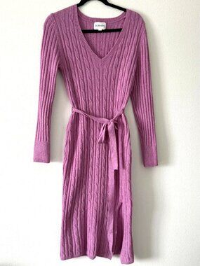 Olive + Oak Lavender Cable Knit Belted Midi Sweater Belt Dress M NWOT